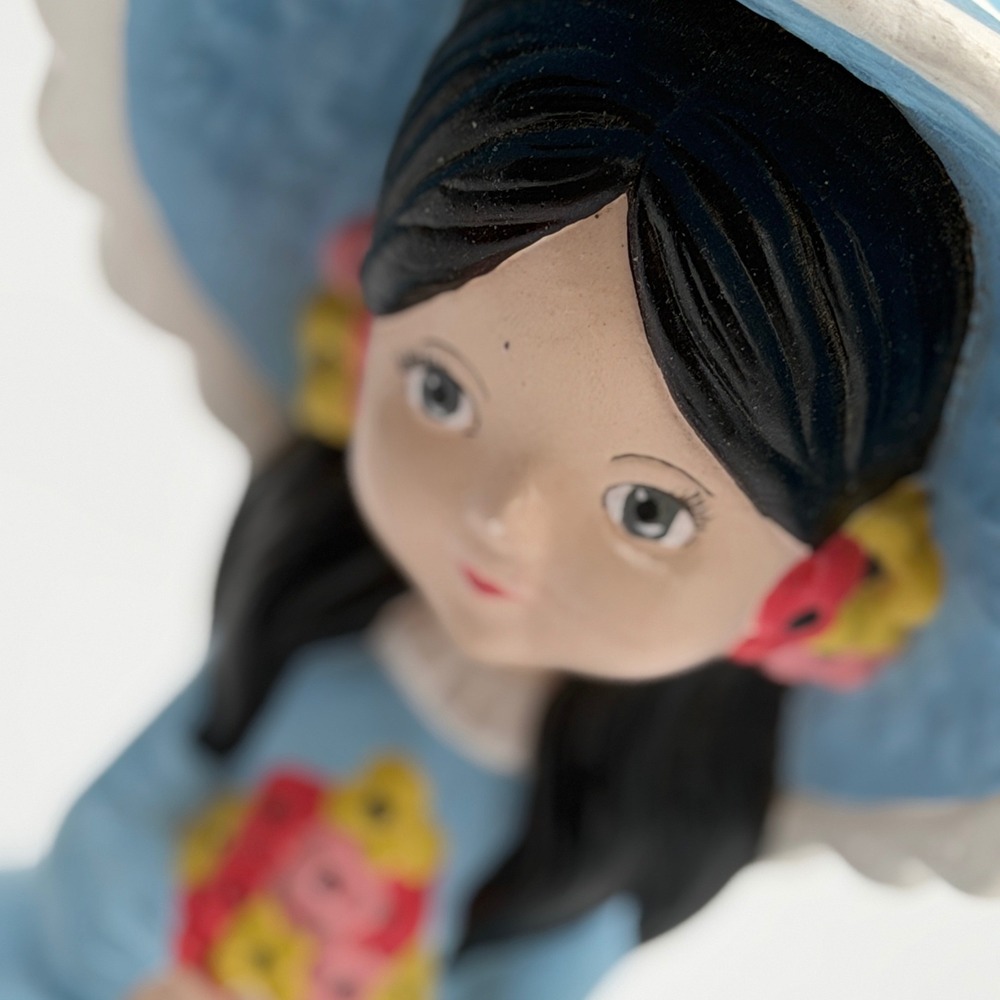 Vintage Style Hand Painted Girl Figurine Blue Dress Scalloped Sun Hat 8.5 Inch